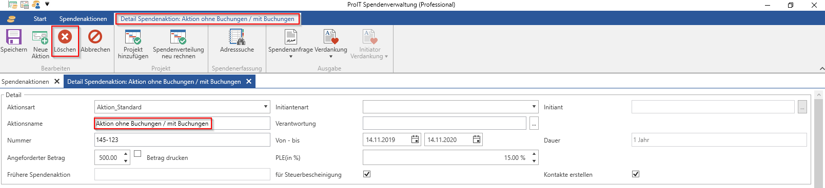 Spendenaktion löschen - Detailansicht Spendenaktion