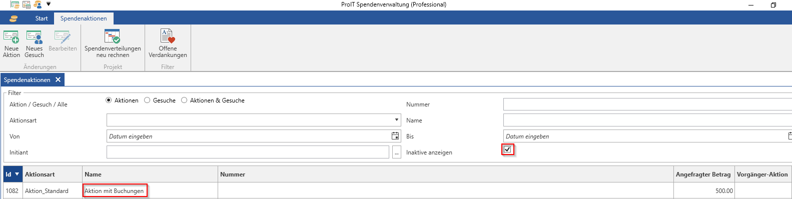 Spendenaktion löschen - inaktive Spendenaktionen anzeigen